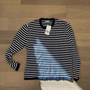 Men’s Zara Navy White Striped Crewneck Sweater Jumper Sz XL